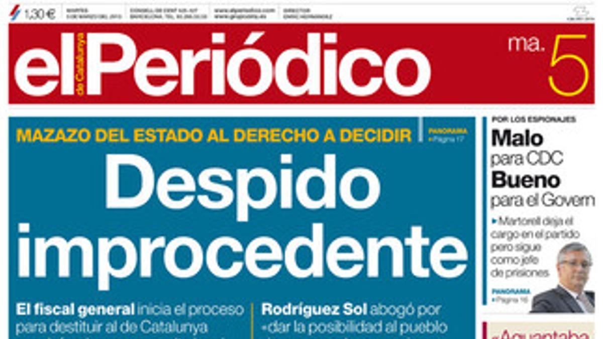 La portada de EL PERIÓDICO DE CATALUNYA (5-3-2013).