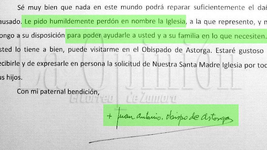 Carta del obispo de Astorga, Juan Antonio Menéndez, a la víctima de abusos sexuales