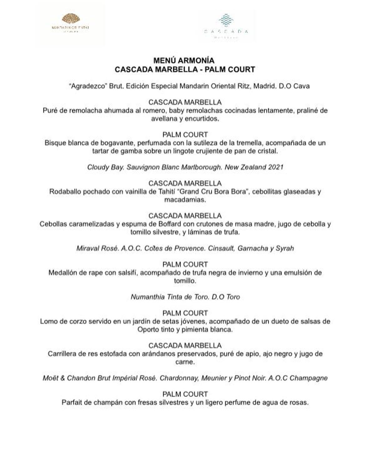 Imagen del menú armonía: Cascada Marbella desembarca en el Mandarin Oriental Ritz con un exclusivo seis manos.