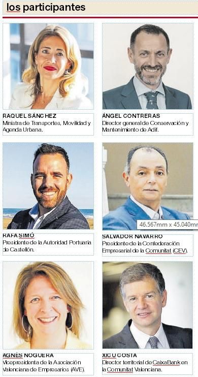 La ministra de Transportes, el director general de Conservación y Mantenimiento de Adif, el presidente de la Autoridad Portuaria de Castellón, el presidente de la Confederación Empresarial de la Comunitat Valenciana (CEV), la vicepresidenta de la Asociación Valenciana de Empresarios (AVE) y el director territorial de CaixaBank en la Comunitat participan en la jornada empresarial.