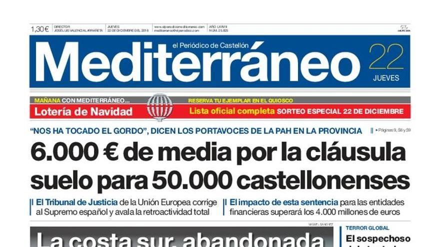 6.000 euros de media por la cláusula suelo para 50.000 castellonenses, en la portada de Mediterráneo