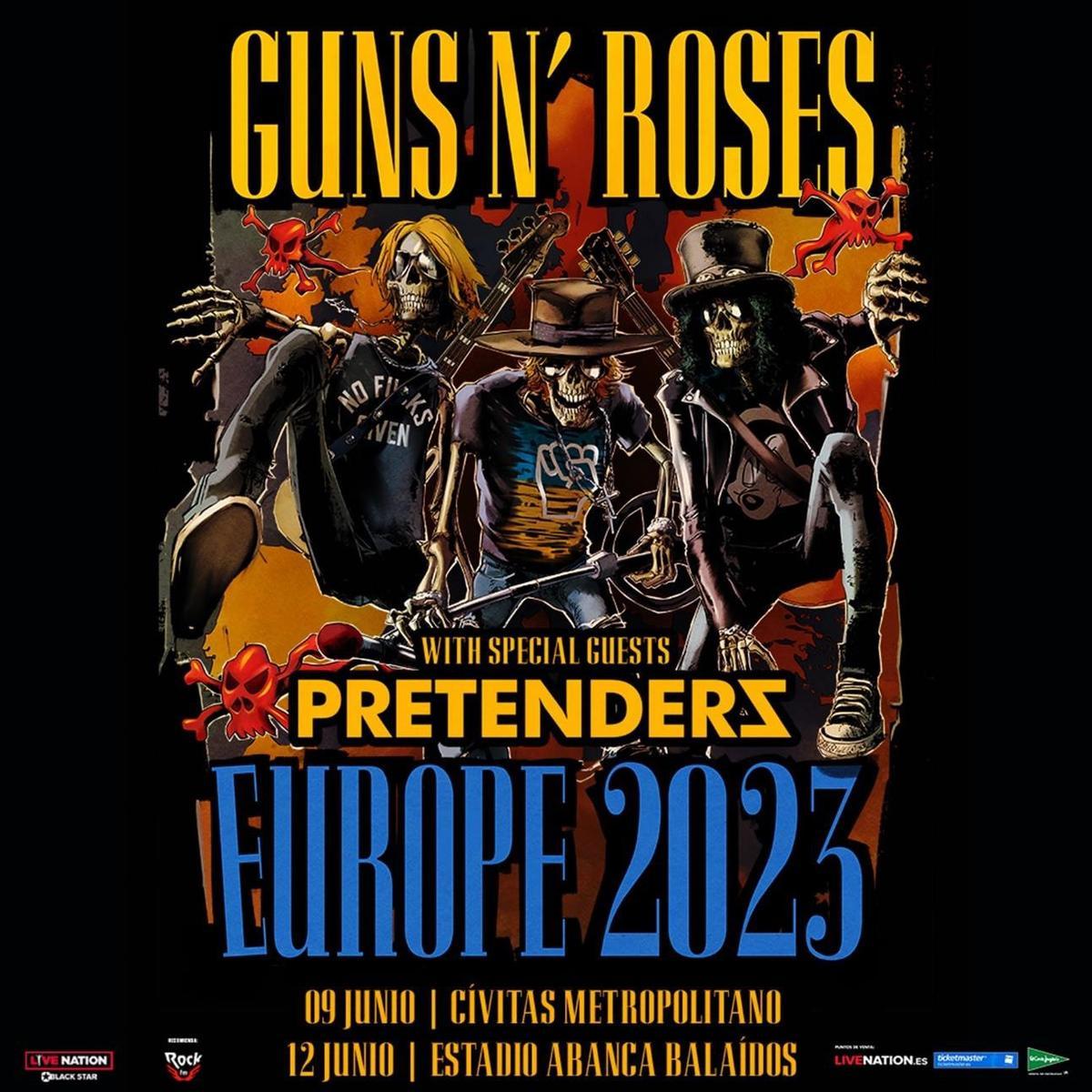 Cartel del concierto de Guns N' Roses con The Pretenders en Vigo.