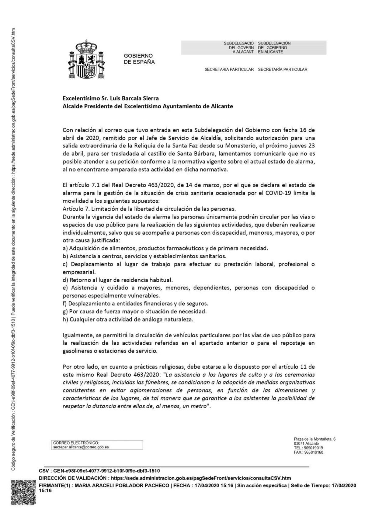Coronavirus en Alicante: La Subdelegación del Gobierno deniega la salida extraordinaria de la Santa Faz