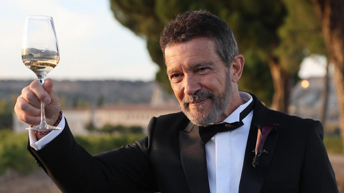 Antonio Banderas brinda tras la celebracion de la boda de su hija, Stella del Carmen.
