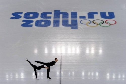 Maylin and Daniel Wende of Germany skate during a pairs figure skating training session in preparation for the 2014 Sochi Winter Olympics