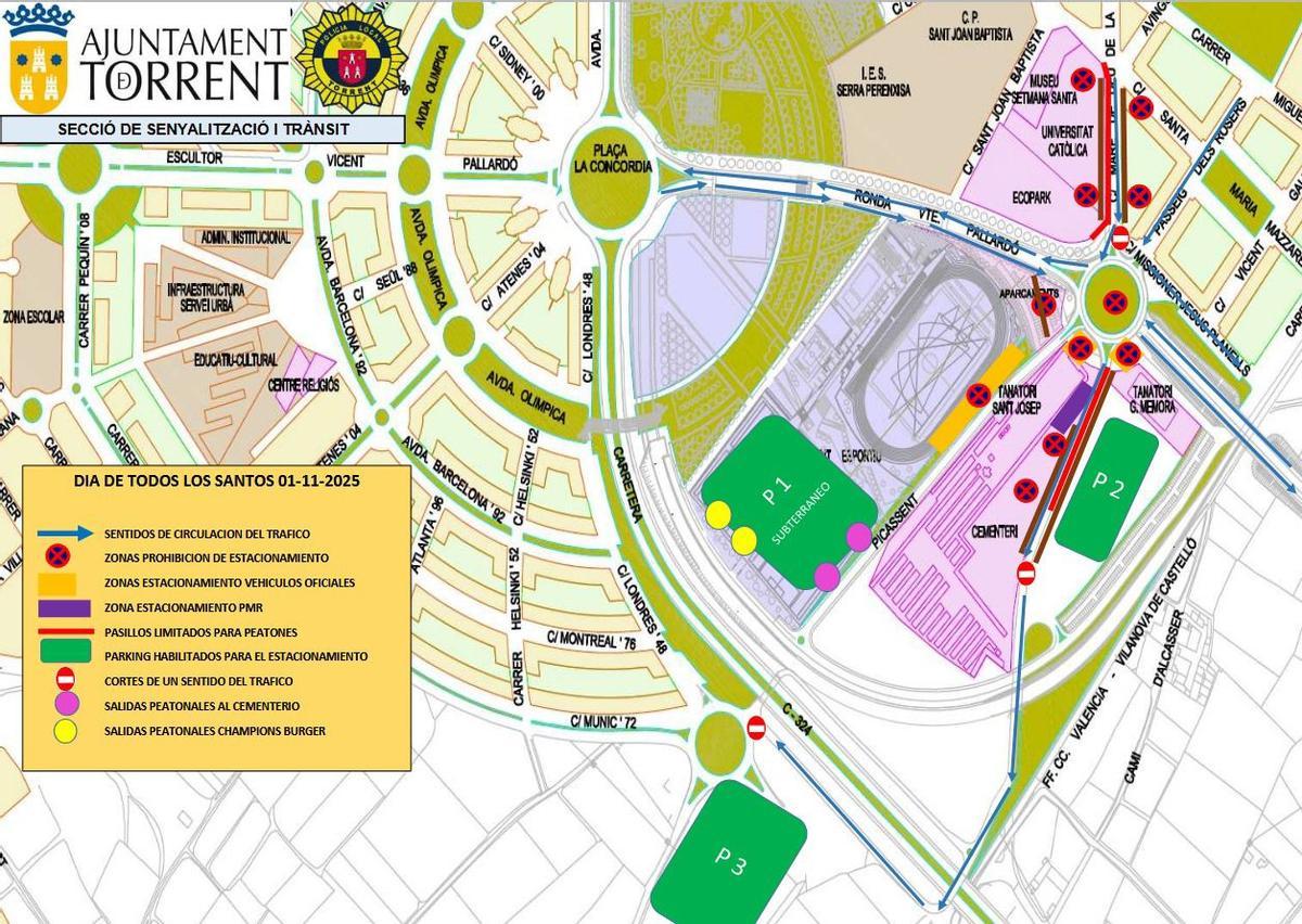 Plano de la organización del tráfico para el 1 de noviembre en el entorno del cementerio de Torrent