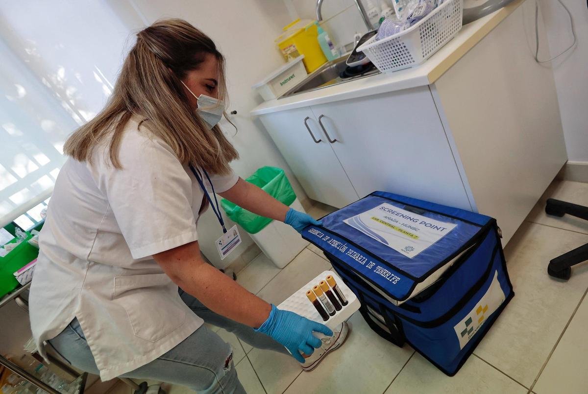 Una enfermera de Tenerife coloca las muestras de sangre recogidas en un screening point para llevarlas a laboratorio.