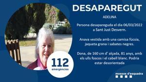 Adelina, de 81 años, desaparecida en Sant Just Desvern