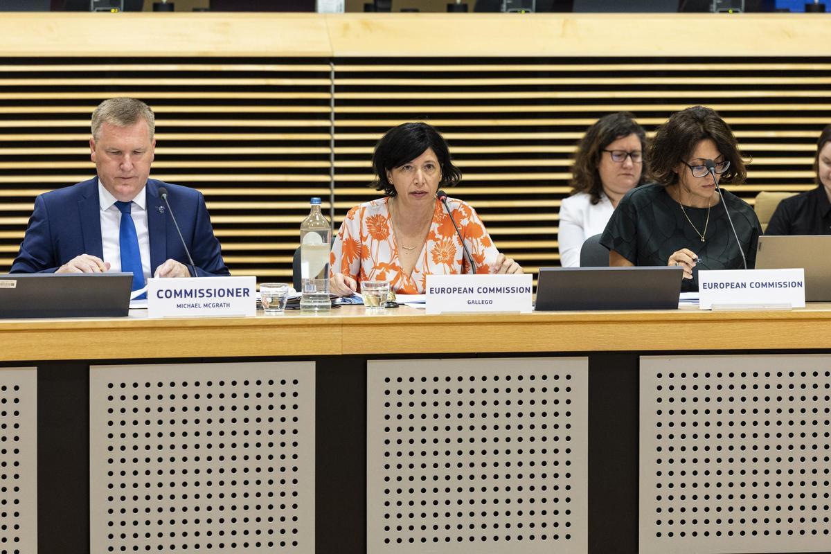 La directora de Justica y Consumo de la Comisión Europea, Ana Gallego, junto al Comisario Michael McGrath, durante el Diálogo de Implementación sobre la protección del consumidor en el entorno digital.