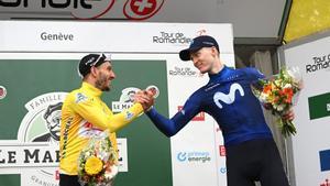 Adam Yates y Matteo Jorgenson en el podio del Tour de Romandía