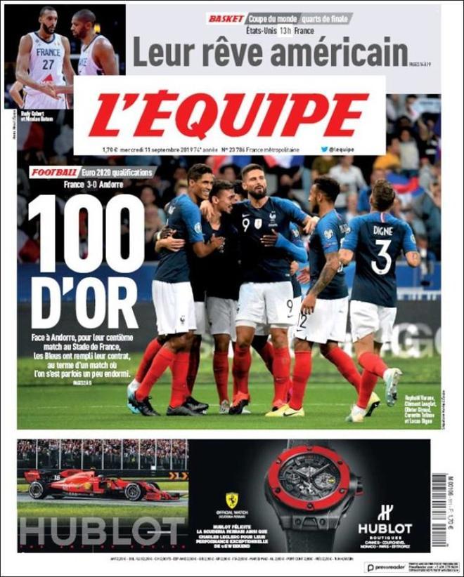 Esta es la portada de LEquipe de este 11 de septiembre