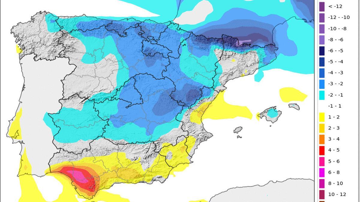 Mapa probabilístico que muestra la variación que puede experimentar la temperatura máxima durante el viernes 13 de septiembre