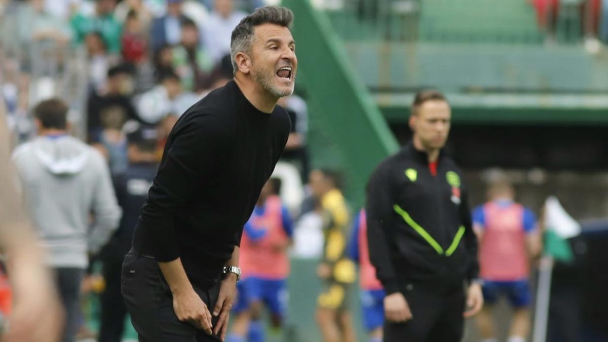 Iván Ania dando indicaciones durante el Córdoba CF-Oviedo.