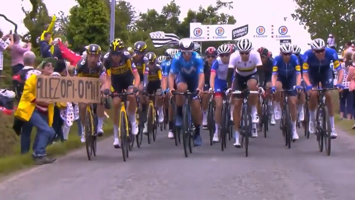 La aficionada que portaba la pancarta que causó la primera gran caída del Tour.