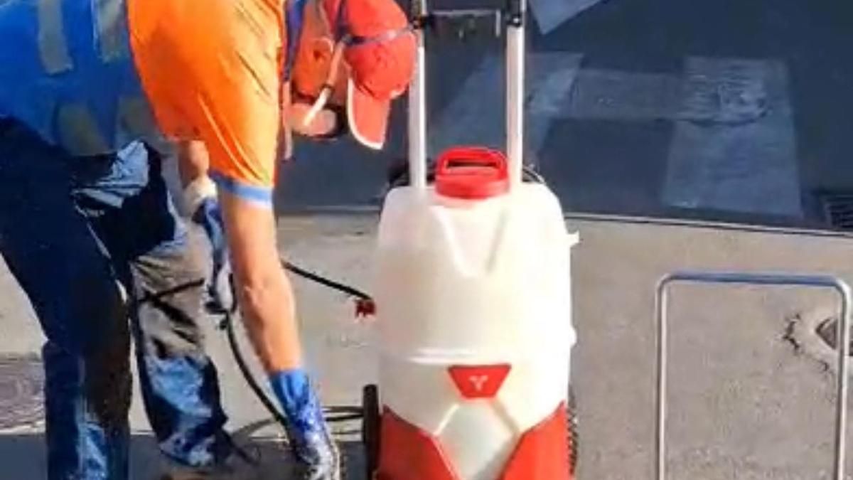 Un empleado de Conyser, durante las labores de desinfección, en una calle de Coria.