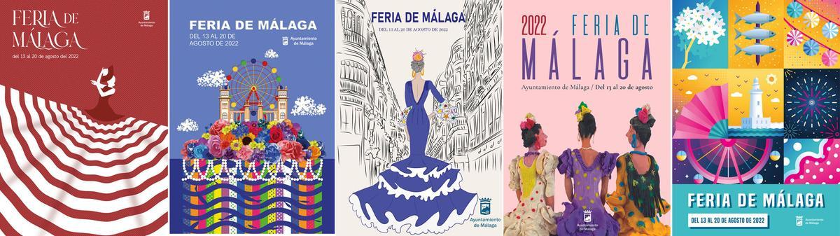 Cinco carteles finalistas de la Feria de Málaga 2022.