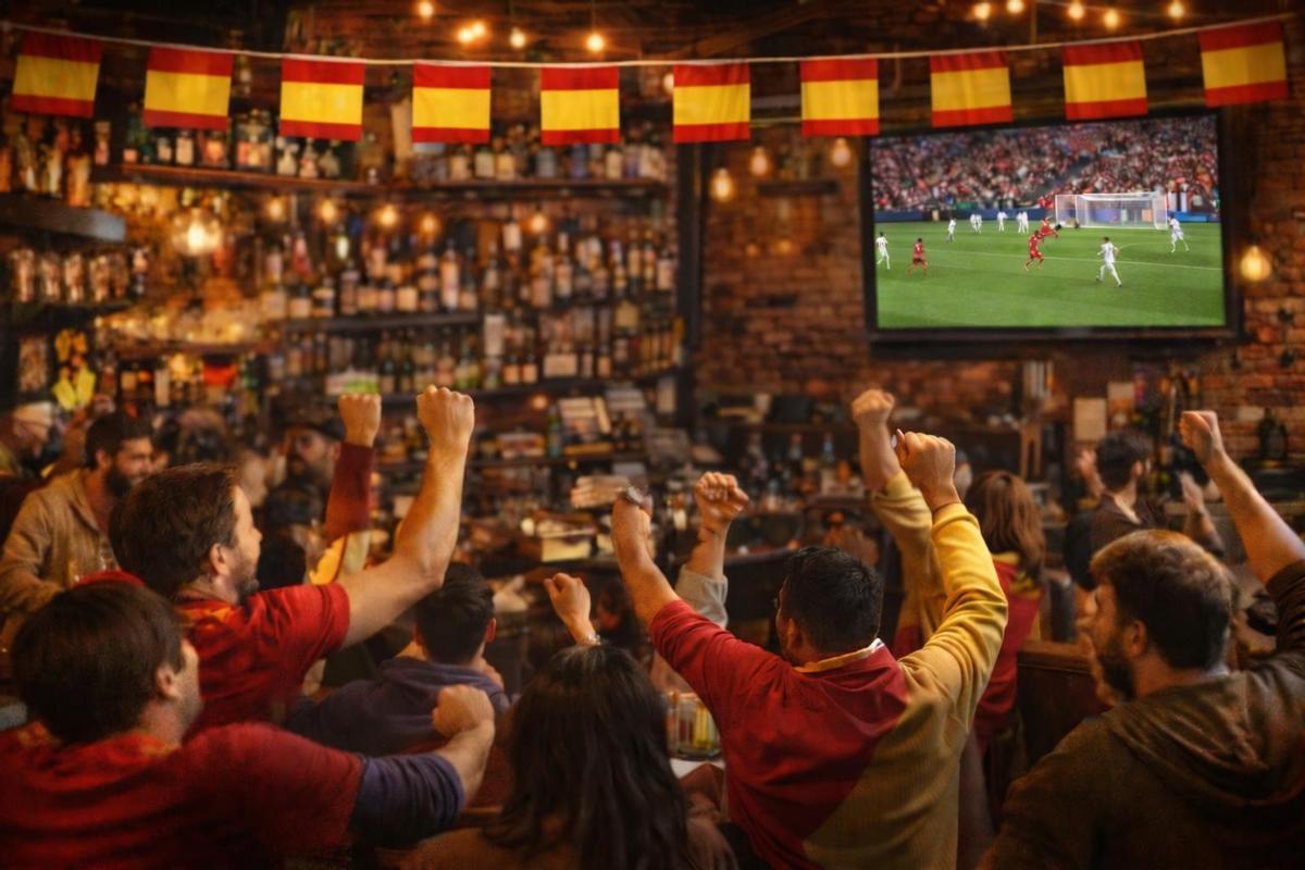 Aificionados disfrutan en un bar de un partido de la Seelección Española de Fútbol.