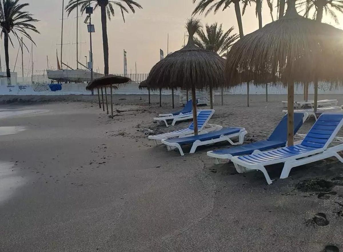 Hamacas y sombrillas en la playa La Venus, en el centro urbano de Marbella, el pasado verano.