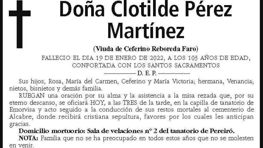 La esquela de Clotilde Pérez Martínez