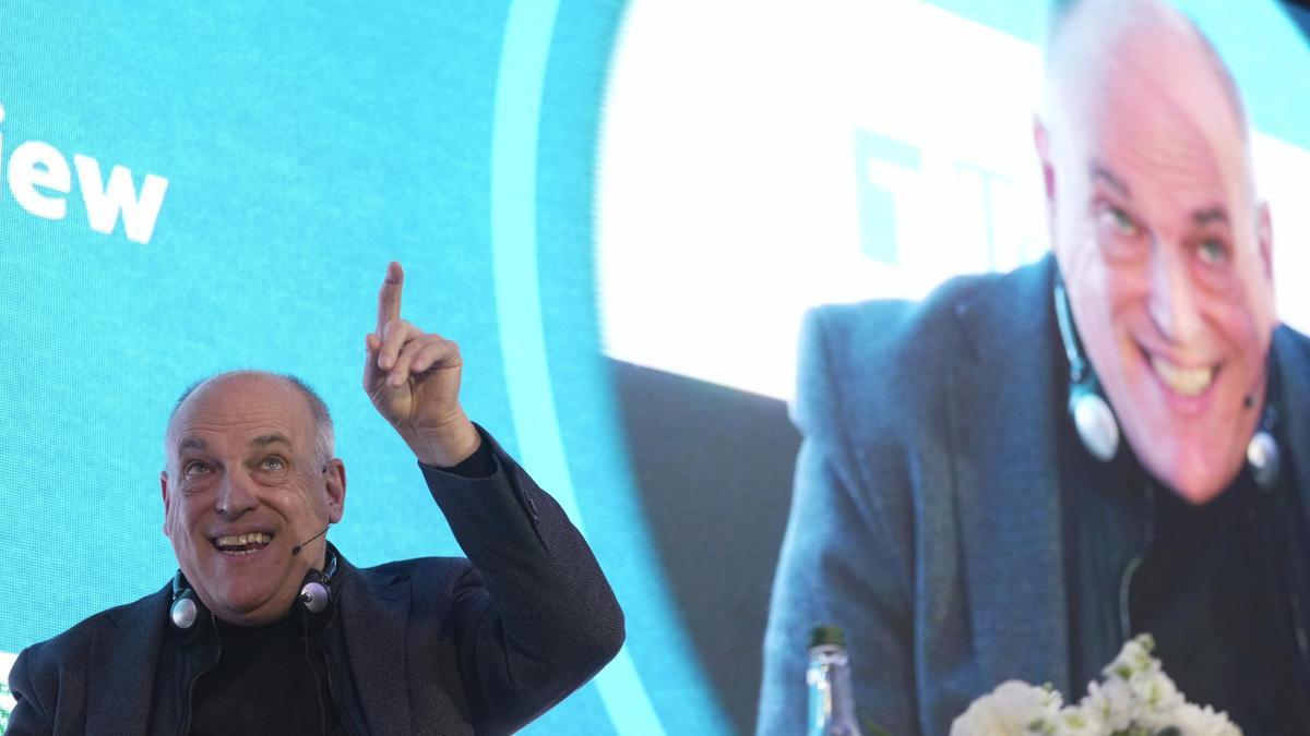 El president de la Lliga, Javier Tebas, en una recent conferència a Londres