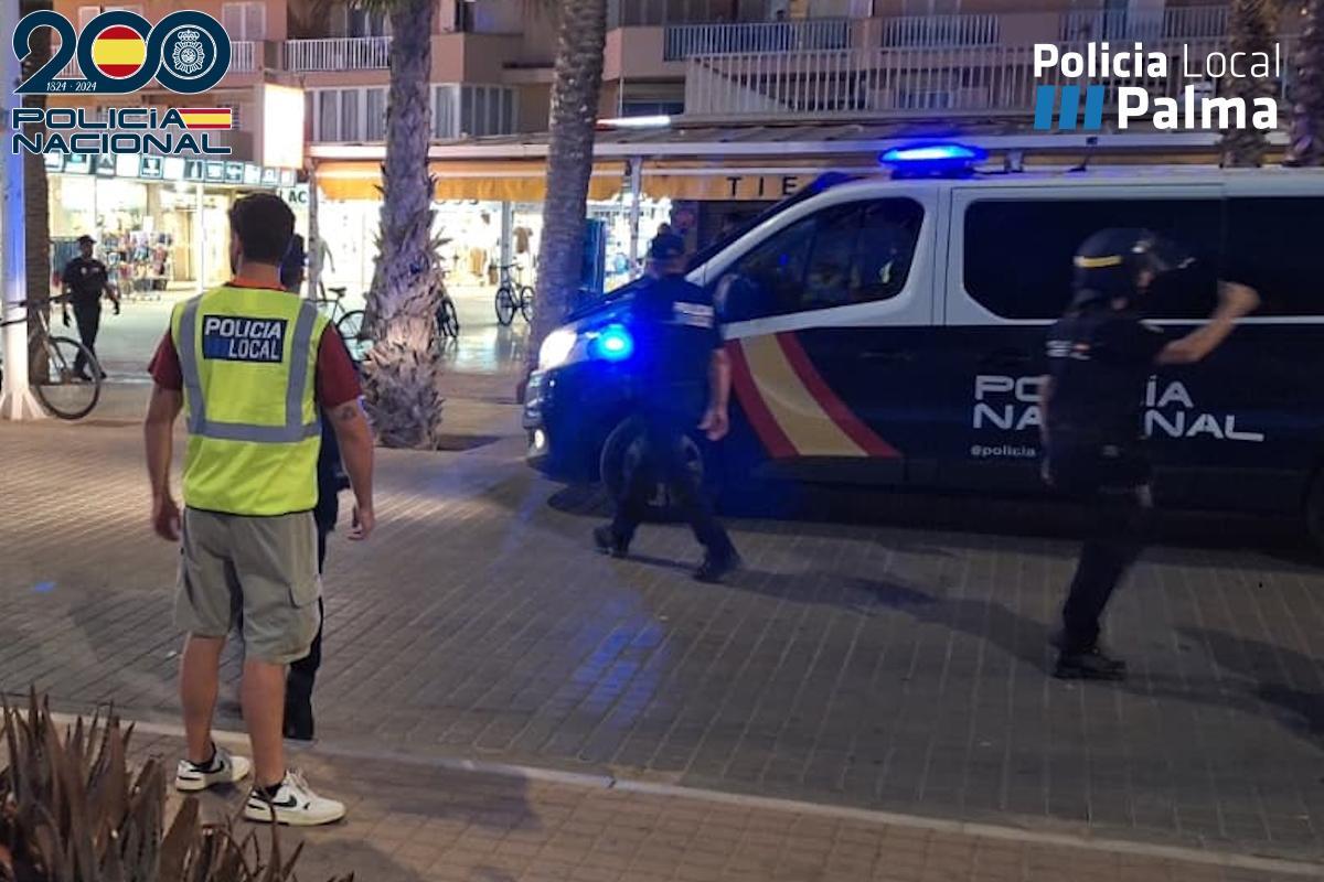 Un furgón de la Policía Nacional en el momento en el que se desarrollaba el dispositivo contra la venta ambulante en la Playa de Palma