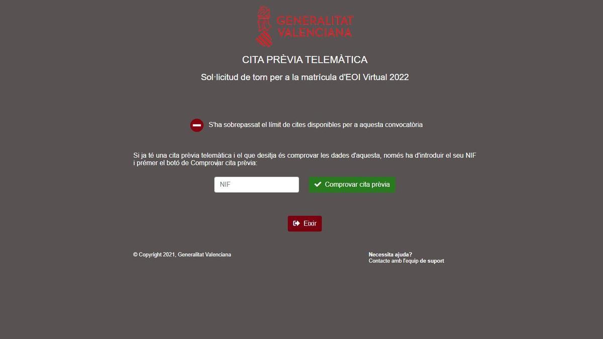 Imagen de la web de cita de la EOI virtual valenciana esta mañana