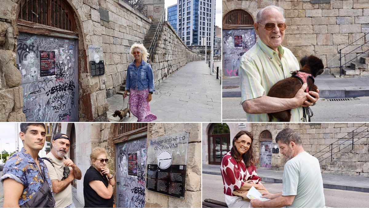 Arriba, por la izquierda; Rosario García, con "Antón", a la entrada del refugio antiaéreo de Cimavilla, en la calle Claudio Alvargonzález; Juan de Dios Román, con "Luna"; por la izquierda, Marcos y César Manchón y Alicia Deva, frente al cartel informativo sobre el refugio y Marta Paraira y Manuel Rosell, con un mapa de la ciudad.
