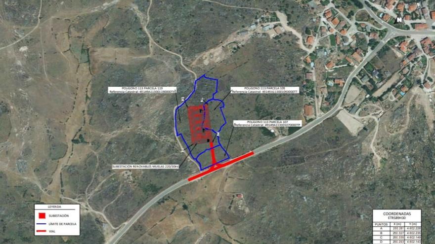 Ubicación de la subestación eléctrica proyectada en Ricobayo para evacuar la energía producida por los tres parques fotovoltaicos del municipio de Muelas del Pan y de un cuarto parque que se ubicará en el término de Zamora.