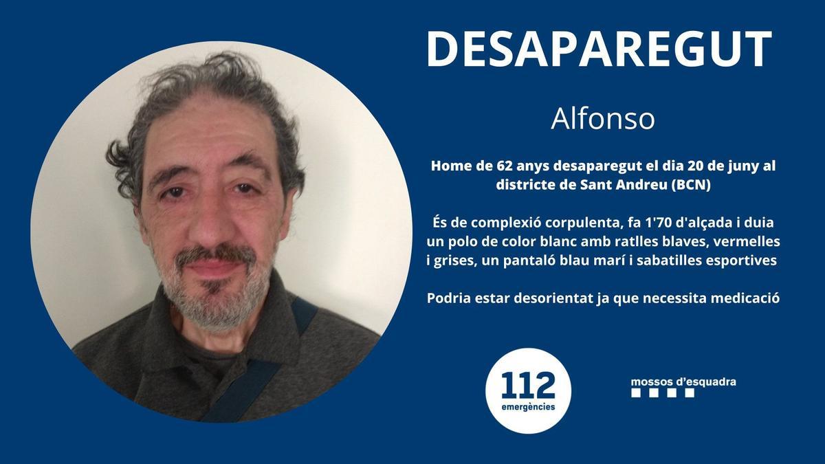 Los Mossos d'Esquadra piden ayuda para encontrar a Alfonso, desaparecido en Barcelona