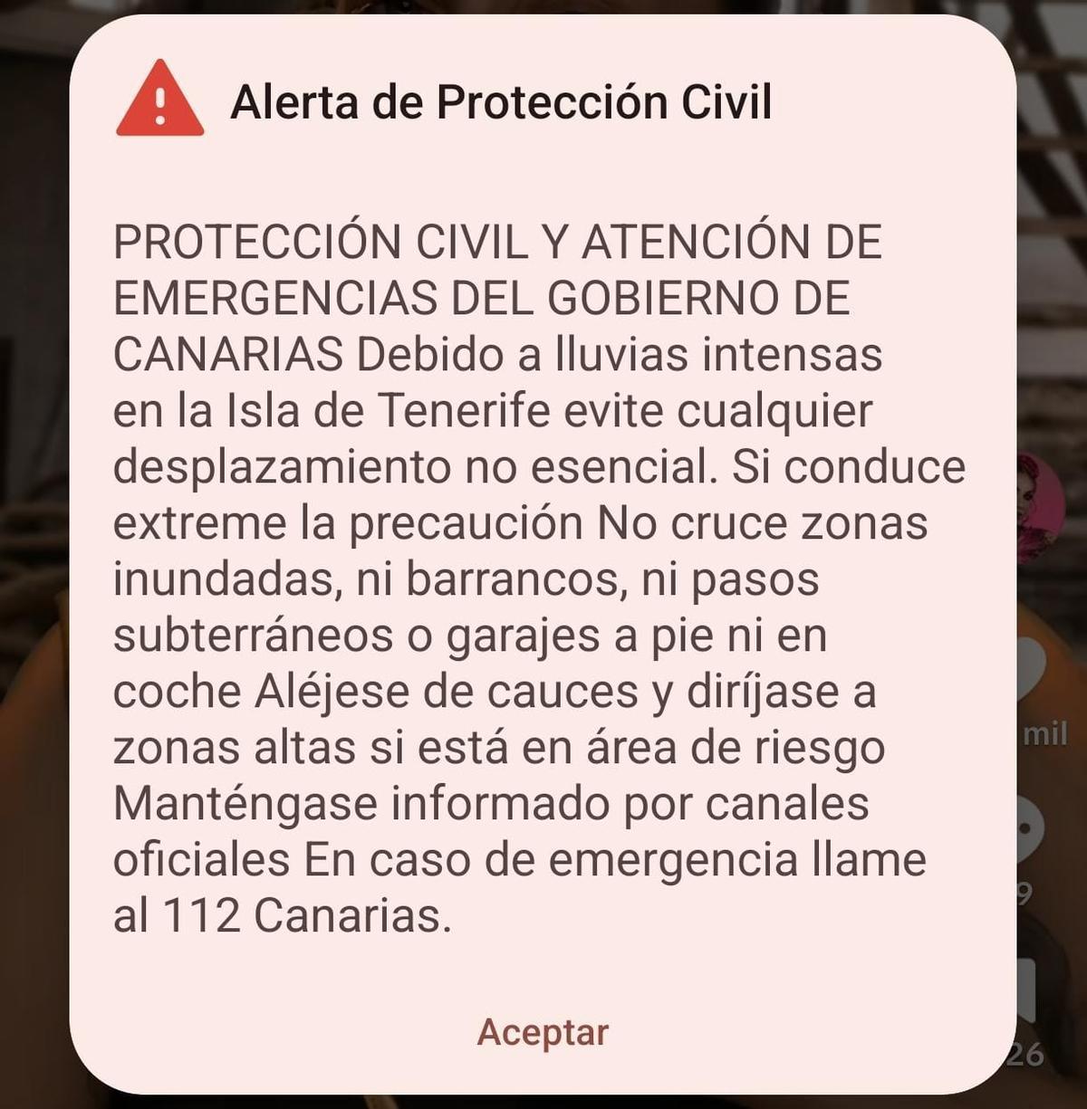Mensaje ES-Alert que recibieron los móviles en Tenerife