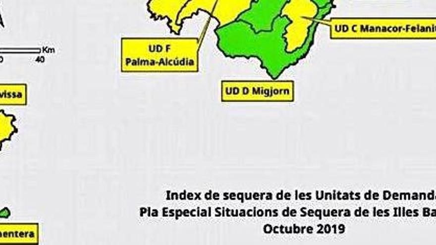 Mapa que indica la situación hídrica de las unidades de demanda del archipiélago.