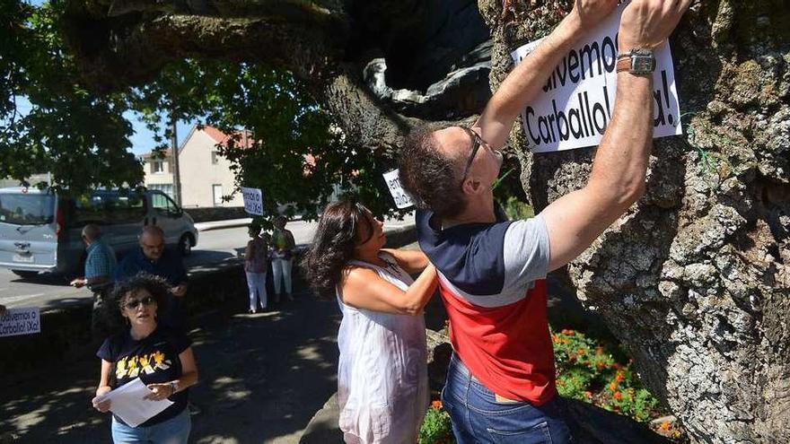 Vecinos colocando carteles exigiendo una actuación en el carballo de Santa Margarita. // G.S.