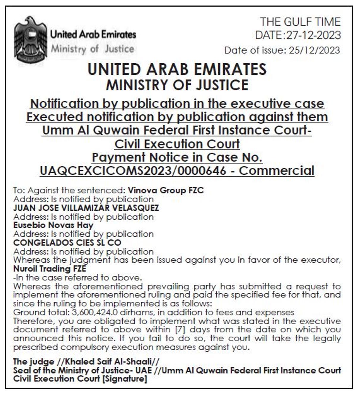 Notificación del procedimiento contra Novás y Villamizar en Emiratos, en un tribunal de Umm Al Quwain