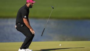 Jon Rahm, of Spain, reacts after missing a putt on the 16th hole during the final round of the PGA Championship golf tournament at the Quail Hollow Club, Sunday, May 18, 2025, in Charlotte, N.C. (AP Photo/George Walker IV)