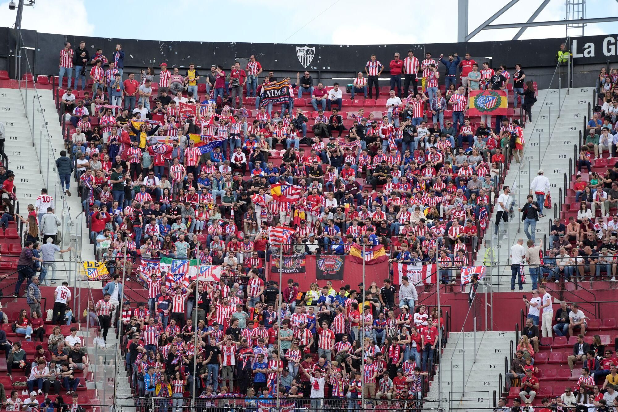 Supporters of Atletico de Madrid are seen during the Spanish League, LaLiga EA Sports, football match played between Sevilla FC and Atletico de Madrid at Ramon Sanchez Pizjuan stadium on April 06, 2025, in Madrid, Spain. AFP7 06/04/2025 ONLY FOR USE IN SPAIN. Joaquin Corchero / AFP7 / Europa Press;2025;SOCCER;SPAIN;SPORT;ZSOCCER;ZSPORT;Sevilla FC v Atletico de Madrid - LaLiga EA Sports;