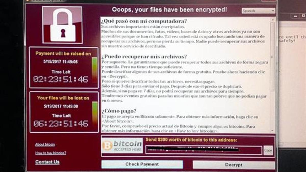 Imagen de 'ransomware', encriptación de los archivos solicitando un pago por el desbloqueo.