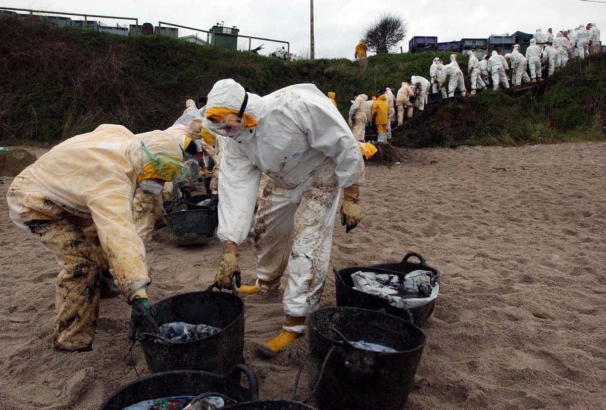 Cadena humana para la recogida de chapapote en la isla de Ons.
