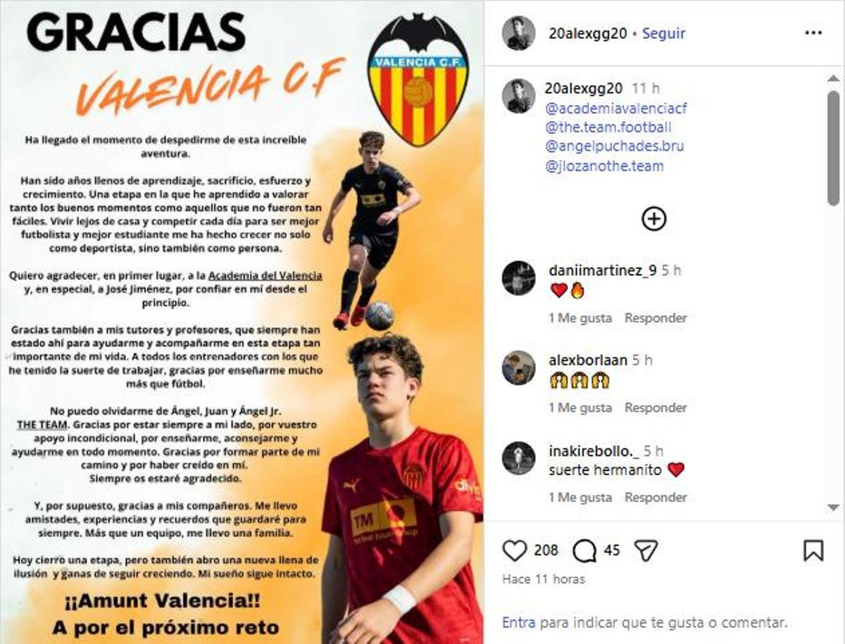 Comunicado de Álex Gómez en su cuenta de instagram.