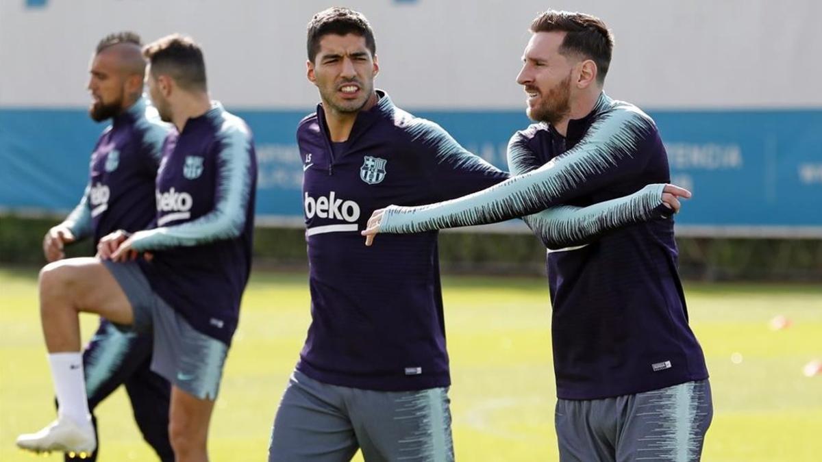 Leo Messi y Luis Suárez, en un entrenamiento del Barça.