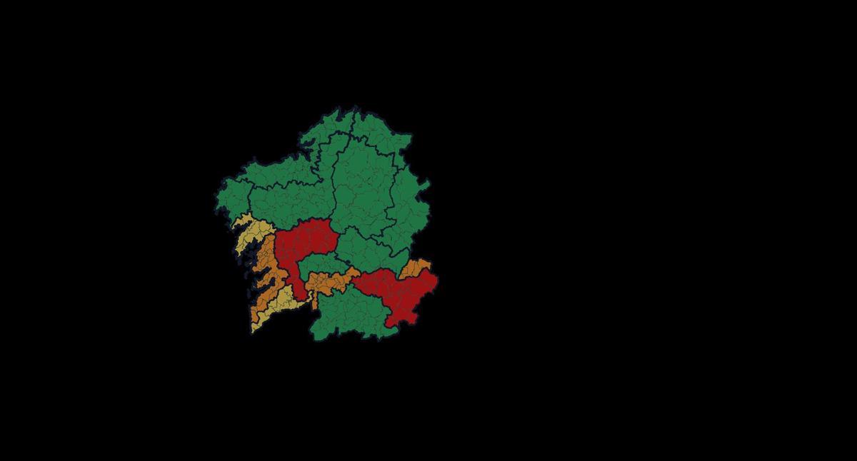 Mapa de alertas de calor en Galicia.