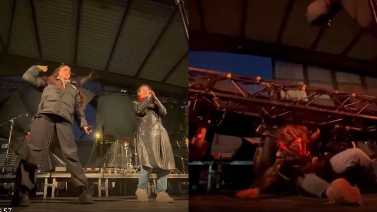 El pont de llums cau sobre l'escenari durant un concert de Carnaval a Sant Esteve Sesrovires