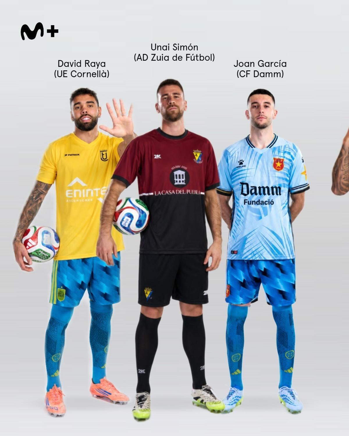 Joan Garcia, amb la camiseta de la Damm, i els altres dos porters de l'equip