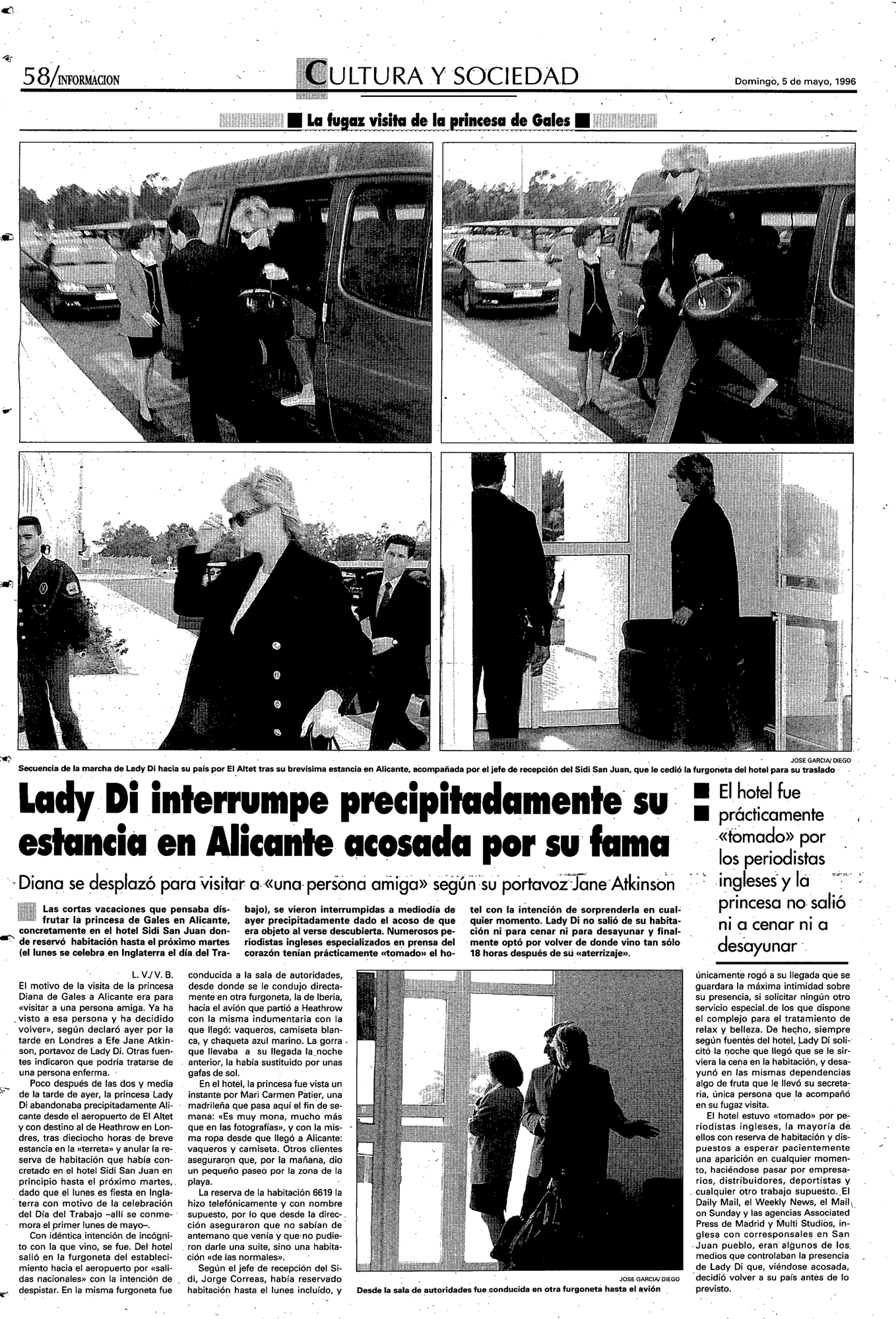 Noticia publicada en INFORMACIÓN el domingo 5 de mayo de 1996 sobre la visita de Lady Di.