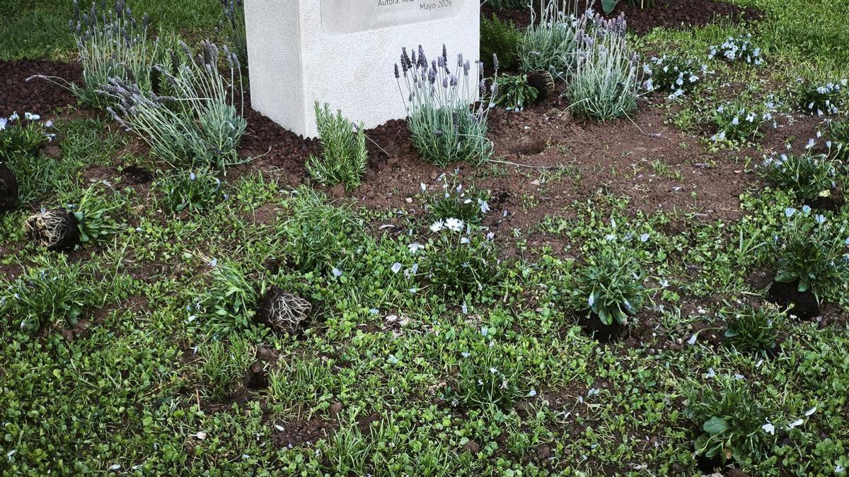 El monolito rodeado por las plantas aromáticas, 15 de las cuales han sido vandalizadas.