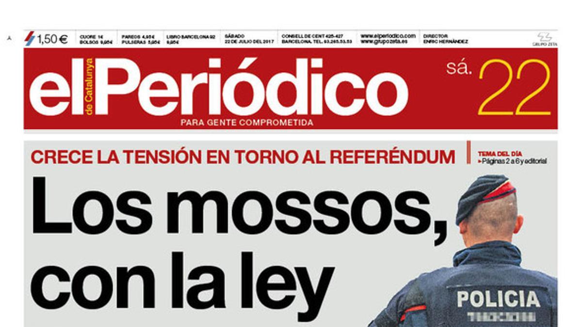 La portada de EL PERIÓDICO del sábado, 22 de julio del 2017.