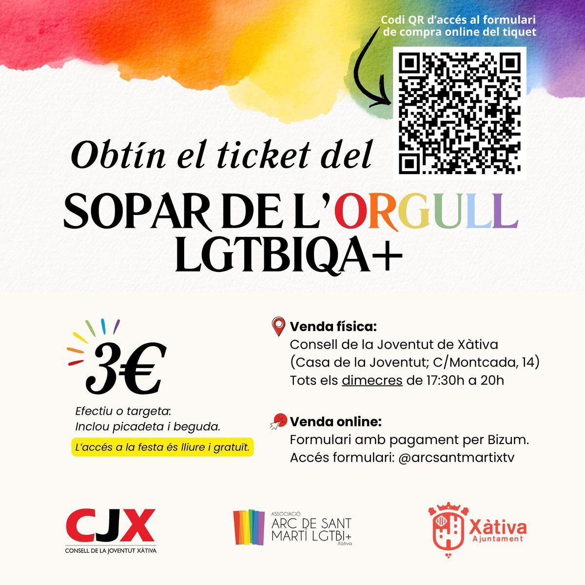 Cartel para la venta de tiquet para la cena del Orgullo en Xàtiva.