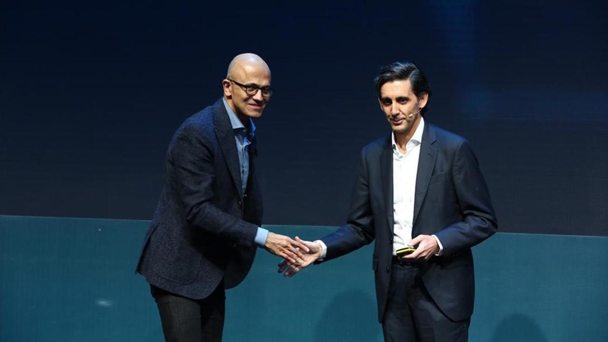 Nadella y Álvarez-Pallete, el Mobile World Congress de Barcelona.