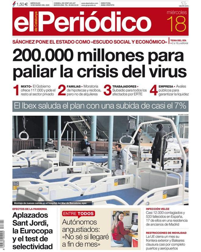 La portada de EL PERIÓDICO del 18 de marzo del 2020.