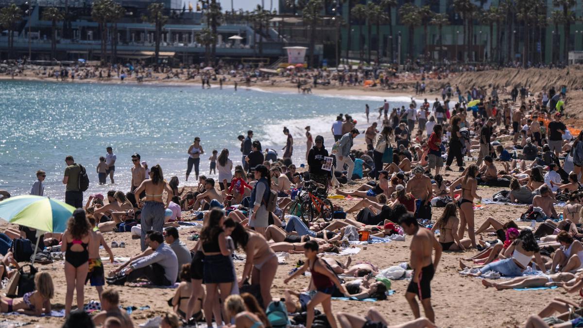 Cientos de turistas difrutando del sol y la playa de la Barceloneta.