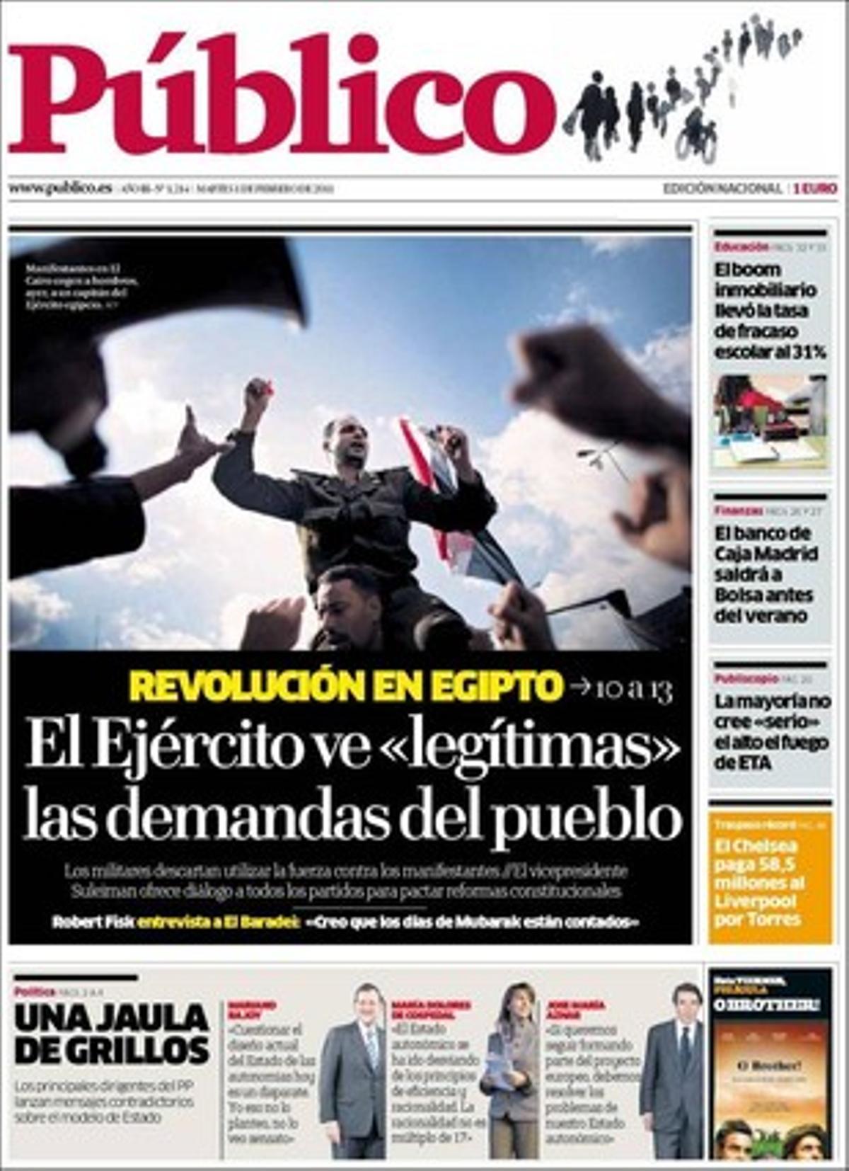 ’Público’ també destaca a dins que el sud-africà Brian Currin activarà en 15 dies la mediació internacional i demanarà la legalització de Batasuna per obrir un procés de pau que posi fi a ETA, que Cayo Lara (IU) mantindrà la campanya contra la reforma de les pensions, que l’auge del totxo va disparar el fracàs escolar a Espanya i que el Suprem ordena treure les càmeres que gravin els veïns.